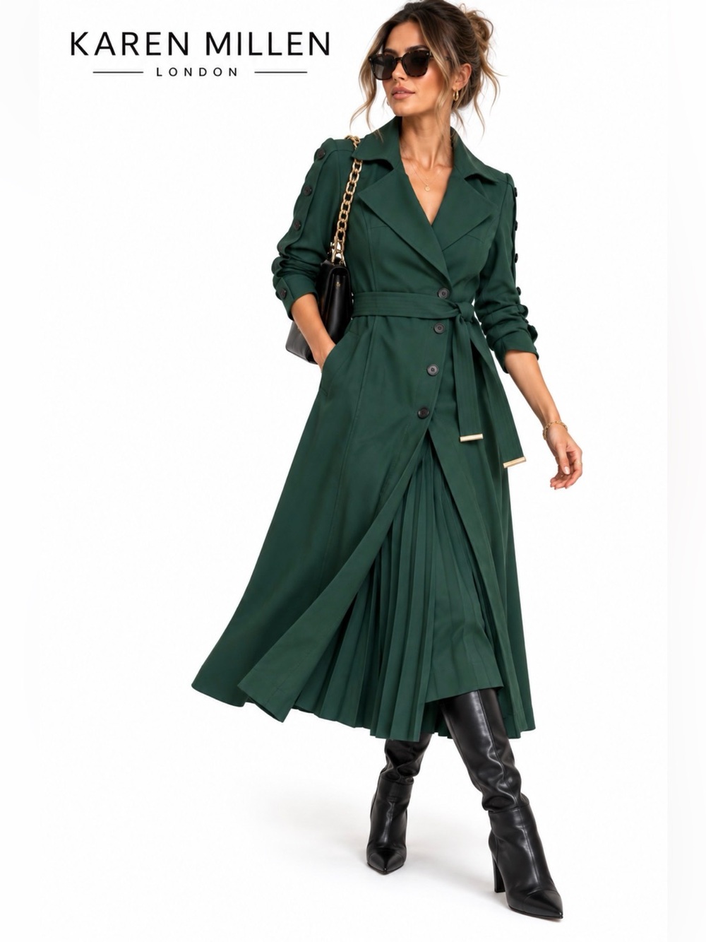Karen Millen Emerald Green Trench Pleated Maxi Dress